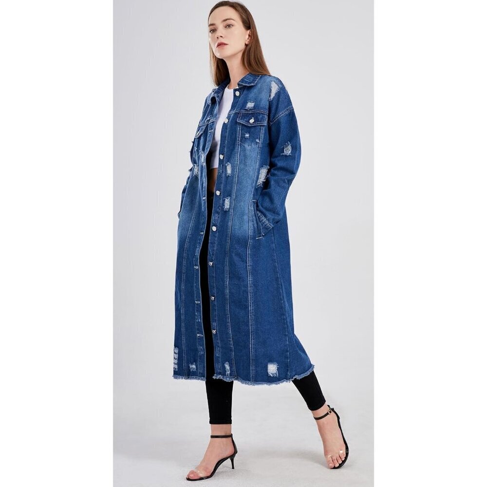 Women's Spring Fashion Ripped Holes Maxi Long Denim Jacket Trench Coat Dark Blue - Picture 5 of 5